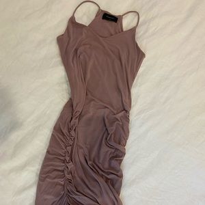 Mauve, form fitting and ruched, midi, racerback dress